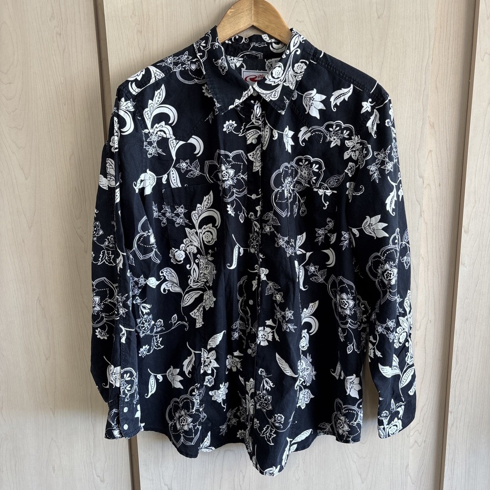 Roper Women's Pearl Snap Sz 1X Western Shirt Black White Floral Silver Beads